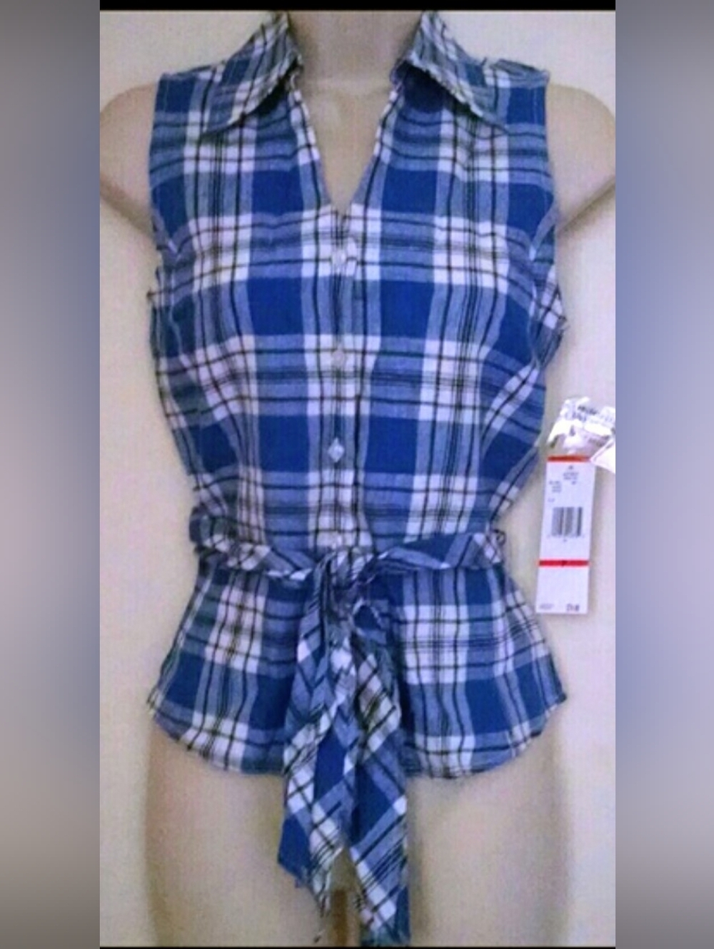 Vintage Jones New York blue white black plaid top petite - Picture 3 of 6